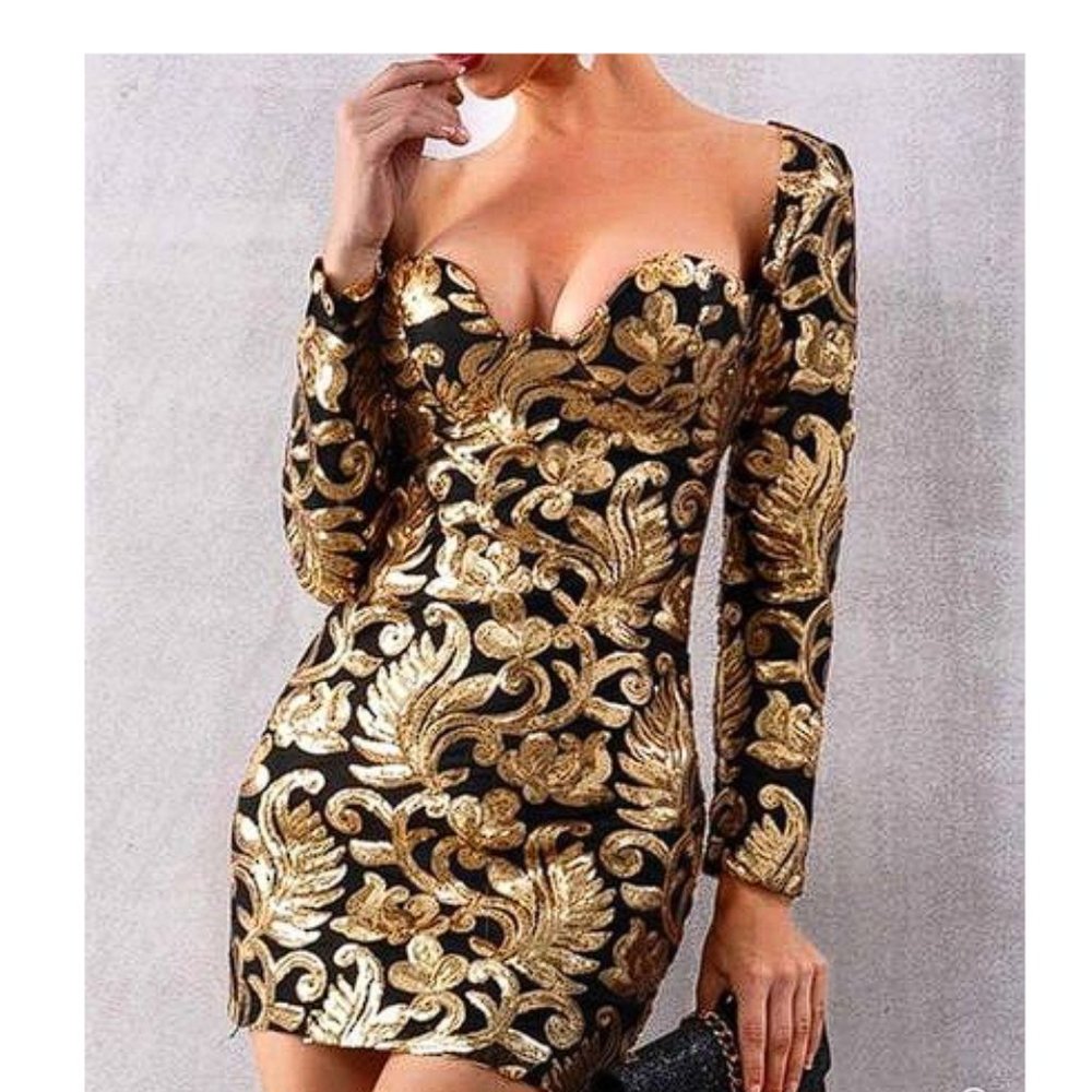 RARE HOUSE OF CB 'Silvaja' Black and Gold Velvet Sequined Mini Dress NWOT